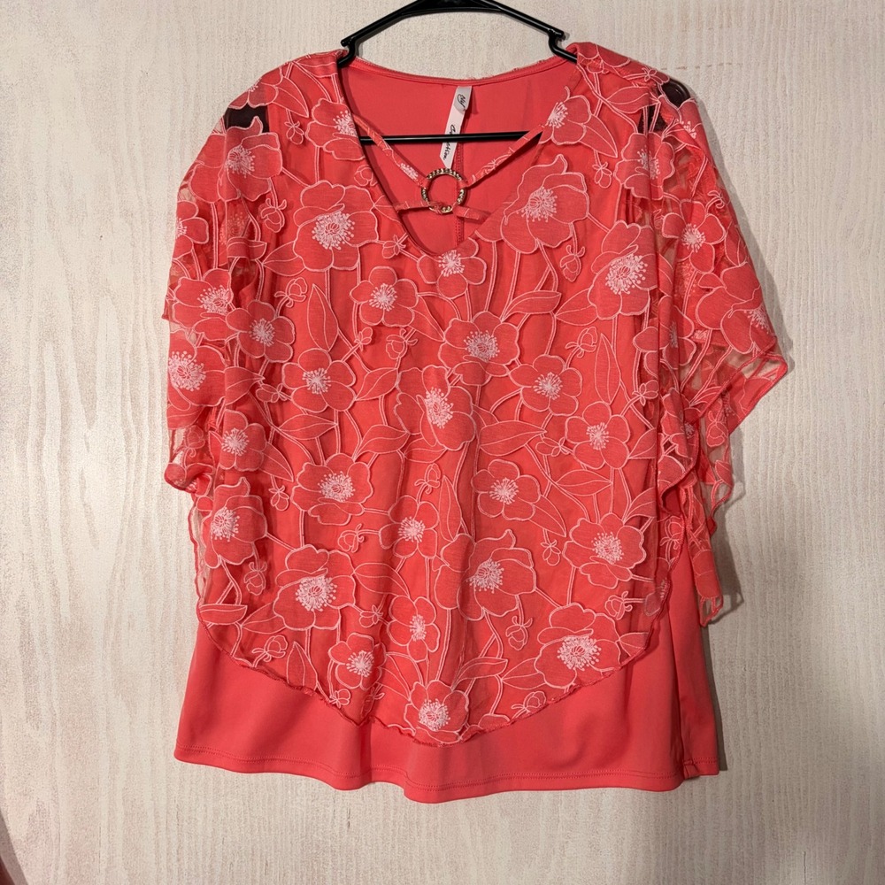 NY Collection Blouse Womens Medium Coral Floral Lace Overlay KBB0085